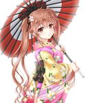  alternate_costume amou_yuu brown_eyes floral_print flower graphite_(medium) hair_flower hair_ornament hair_ribbon happy_new_year highres japanese_clothes kantai_collection kimono light_brown_hair long_hair long_sleeves mechanical_pencil murasame_(kantai_collection) nengajou new_year obi oriental_umbrella pencil ribbon sash solo traditional_media twintails umbrella white_background wide_sleeves 