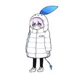  1girl alternate_costume blue_eyes chilling_hedgehog_(elsword) demon_tail down_jacket elsword hood hoodie luciela_r._sourcream mellchi oversized_clothes parka pointy_ears shaded_face shoes socks solo tail white_background white_hair 