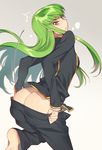  1girl annoyed ashford_academy_uniform ass bangs barefoot black_pants black_shirt blush breasts c.c. code_geass creayus eyebrows_visible_through_hair from_behind gradient gradient_background green_hair grey_background leg_up long_hair long_sleeves looking_at_viewer medium_breasts motion_lines no_panties open_fly pants pants_pull parted_lips profile school_uniform shiny shiny_hair shirt sidelocks solo standing standing_on_one_leg straight_hair sweatdrop tsurime undressing very_long_hair yellow_eyes 
