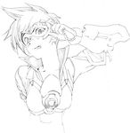  adjusting_eyewear bangs bodysuit bomber_jacket breasts closed_mouth collarbone fronttire gloves goggles jacket looking_away monochrome overwatch popped_collar short_hair simple_background small_breasts smile solo spiked_hair tegaki tongue tongue_out tracer_(overwatch) upper_body vambraces white_background 