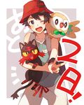  :d ;d backpack bag bangs bare_arms bare_shoulders bird black_eyes black_hair blue_shirt bright_pupils cat creature_on_shoulder fangs gen_7_pokemon hat highres holding holding_pokemon legs_apart litten looking_at_viewer male_focus on_shoulder one_eye_closed open_mouth outstretched_arm owl pants pokemon pokemon_(creature) pokemon_(game) pokemon_on_shoulder pokemon_usum red_eyes red_hat red_ribbon ribbon rowlet shirt sleeveless sleeveless_shirt smile standing unapoppo v white_pants wristband yellow_sclera you_(pokemon) 