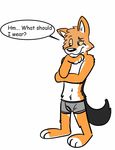  anthro black_tail bulge canine clothed clothing dialogue english_text eye_scar fur hi_res male mammal multicolored_fur orange_eyes orange_fur paws ruskeydoodles scar simple_background solo speech_bubble text topless underwear white_background white_fur 