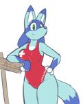  alpha_channel alternate_color blue_fur blue_nose breasts clothing female fluffy fluffy_tail fur green_eyes lifeguard looking_at_viewer lucario maypul_syrup nintendo pok&eacute;mon pok&eacute;mon_(species) solo swimsuit tail_down video_games 