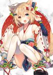  2018 :d ahoge animal_ears arm_up bangs black_footwear blue_skirt blush bow chinese_zodiac collarbone commentary_request detached_sleeves dog_ears eyebrows_visible_through_hair fang fingernails flower hair_between_eyes hair_bow happy_new_year head_tilt heterochromia highres japanese_clothes kimono kimono_skirt light_brown_hair long_sleeves looking_at_viewer new_year obi open_mouth original pinching_sleeves pink_flower red_ribbon ribbon ribbon-trimmed_sleeves ribbon_trim sandals sash short_hair sitting skirt sleeveless sleeveless_kimono smile socks thighhighs toosaka_asagi white_kimono white_legwear wide_sleeves year_of_the_dog zouri 