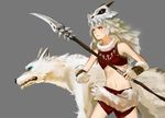  absurdres aqua_eyes bai_lang bone_necklace brown_eyes crusaders_quest fur grey_background highres holding holding_spear holding_weapon midriff navel parted_lips polearm simple_background skull_helmet solo spear standing tamashiino_eshi weapon white_hair white_wolf wolf 