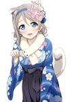  :d animal_ears bangs blue_eyes brown_hair dog_ears duplicate eyebrows_visible_through_hair floral_print flower hair_flower hair_ornament hairband hairclip hairpin japanese_clothes kimono love_live! love_live!_sunshine!! new_year open_mouth short_hair simple_background smile solo suzume_miku tail watanabe_you 