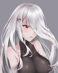  armpit_crease bare_shoulders bear_hair_ornament bodystocking breasts collarbone commentary covered_nipples dress eyebrows_visible_through_hair eyes_visible_through_hair girls_frontline grey_background hair_ornament hair_over_one_eye hand_in_hair hand_visible_through_hair highres large_breasts long_hair looking_away misaki159123 pk_(girls_frontline) red_eyes silver_hair simple_background smile solo upper_body very_long_hair 