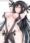  1girl areola_slip areolae arm_strap armpits arms_behind_head bangs black_dress black_hair breasts brown_hair center_opening collarbone commentary_request consort_yu_(fate) dress ear_piercing elbow_gloves fate/grand_order fate_(series) flower gloves hair_flower hair_ornament highres kuroakei_(pixiv5742644) long_hair medium_breasts navel piercing red_eyes revealing_clothes side-tie_dress solo strapless strapless_dress very_long_hair 