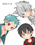  animal_ears aqua_hair aqua_hoodie bare_chest black_hair blue_eyes bright_pupils chest_scar drawstring facial_mark gills grey_hoodie highres hood hood_down hoodie male_focus multiple_boys no_wings original pointy_ears red_eyes scar short_sleeves silver_hair sleeveless sleeveless_hoodie slit_pupils sweatshirt touyama_(t3yama2) white_pupils yellow_eyes 