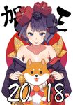  2018 :p artist_name bangs bare_shoulders black_hair black_kimono blue_eyes blunt_bangs blush bow breasts breasts_apart checkered checkered_bow cheek_pinching chinese_zodiac cleavage closed_mouth collarbone commentary_request dated dog fate/grand_order fate_(series) flower food fruit gradient hair_flower hair_ornament happy_new_year honeycomb_(pattern) japanese_clothes katsushika_hokusai_(fate/grand_order) kimono long_sleeves looking_at_viewer mandarin_orange medium_breasts multicolored multicolored_clothes multicolored_kimono new_year no_bra off_shoulder pinching red_kimono rising_sun rope shiba_inu shide short_hair signature solo standing sunburst tongue tongue_out wavy_hair yamazaki_(now_printing) year_of_the_dog yellow_bow 