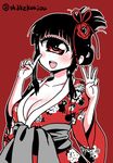  :d bangs blunt_bangs blush breasts cleavage cyclops folded_ponytail hitomi_sensei_no_hokenshitsu index_finger_raised japanese_clothes kimono large_breasts long_hair long_sleeves looking_at_viewer manaka_hitomi monochrome one-eyed open_mouth red_background sash shake-o simple_background smile solo twitter_username upper_body wide_sleeves 