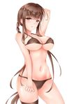  absurdres alternate_costume arm_at_side arm_behind_head asymmetrical_legwear bangs bikini bikini_bottom bikini_top black_legwear blunt_bangs blush braid breasts brown_hair cleavage collarbone commentary_request covered_nipples dsr-50_(girls_frontline) eyebrows_visible_through_hair eyes_visible_through_hair girls_frontline highres large_breasts long_hair looking_at_viewer misaki159123 navel open_mouth red_eyes shiny shiny_skin sidelocks simple_background single_thighhigh skindentation smile solo standing stomach swimsuit thighhighs underboob 