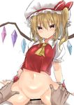  1girl :&gt; ascot bar_censor blonde_hair bottomless bow censored flandre_scarlet girl_on_top golgi_hon hat hat_bow hetero highres long_hair mob_cap navel penis puffy_short_sleeves puffy_sleeves red_bow red_eyes sex short_sleeves simple_background smile solo_focus thighhighs touhou tsurime vaginal vest white_background white_hat white_legwear wings wrist_cuffs yellow_neckwear 