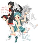  3boys angel_wings animal_ears ankleband aqua_belt aqua_hair aqua_hoodie aqua_shorts arm_up bandaged_arm bandaged_leg bandages bangs bare_arms bare_shoulders barefoot belt belt_buckle bird black_ankleband black_hair black_shorts black_wristband blue_eyes bright_pupils buckle chest_scar closed_mouth collarbone eyebrows_visible_through_hair facial_mark full_body gills grey_hair grey_hoodie grey_shorts hair_between_eyes highres hood hood_down hoodie looking_at_viewer looking_back looking_to_the_side male_focus multiple_boys navel original pointy_ears red_eyes red_shirt scar shark_boy shirt short_eyebrows short_sleeves shorts simple_background sleeveless sleeveless_hoodie slit_pupils smile swallow sweatshirt touyama_(t3yama2) translated tsurime white_background white_pupils wings wolf_boy wolf_ears wristband yellow_eyes 