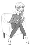  2hands1cup :d barefoot chair cup earrings greyscale heart heart_necklace highres holding holding_cup idolmaster idolmaster_cinderella_girls jewelry leaning_forward looking_at_viewer miyamoto_frederica monochrome nigou off_shoulder open_mouth pants short_hair sitting smile solo sweater 