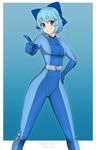  &gt;:) alina_pegova blue_hair bodysuit bow cirno crossover grin hair_bow hand_on_hip index_finger_raised latex skin_tight smile solo teeth totally_spies touhou v v-shaped_eyebrows watermark web_address 