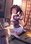  akizuki_(kantai_collection) ass bdsm black_hair blue_eyes bondage bound breasts chou-10cm-hou-chan clothes_writing corset day hachimaki hair_flaps hairband headband kantai_collection large_breasts microskirt neckerchief pg_(pgouwoderen) pleated_skirt ponytail red_rope rope sailor_collar school_uniform serafuku shibari shibari_over_clothes sitting skirt sliding_doors sunlight tatami wariza white_skirt 