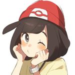  bangs beanie blush brown_eyes brown_hair closed_mouth hands_on_own_cheeks hands_on_own_face hands_up hat head_tilt mizuki_(pokemon) one_eye_closed pokemon pokemon_(game) pokemon_sm pouty_lips red_hat shirt short_hair simple_background solo swept_bangs tareme unapoppo upper_body white_background wristband yellow_shirt 