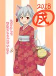  2018 :d alternate_costume animal_ears bag cato_(monocatienus) commentary_request grey_hair inubashiri_momiji japanese_clothes kimono looking_at_viewer new_year obi open_mouth red_eyes sash short_hair smile solo striped striped_background tail touhou translation_request vertical-striped_background vertical_stripes wolf_ears wolf_tail 