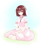  1girl animal animal_ears animal_on_lap blue_background blush brown_eyes brown_hair bunny bunny_ears carrot_necklace dress eyes_closed floppy_ears full_body hair_between_eyes highres inaba_tewi petting pink_dress puffy_short_sleeves puffy_sleeves ribbon-trimmed_dress shanghaidoll short_hair short_sleeves sitting smile solo touhou 