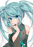  absurdres aqua_hair bandaid bandaid_on_face bare_shoulders blue_eyes blue_nails blue_neckwear commentary detached_sleeves gotoh510 hatsune_miku heart highres long_hair looking_at_viewer messy_hair nail_polish necktie shirt sleeveless sleeveless_shirt solo twintails upper_body vocaloid 