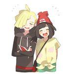  1girl :d ^_^ ^o^ ahoge arms_behind_back bag beanie black_hair blonde_hair blush closed_eyes crossed_arms drawing floral_print gladio_(pokemon) green_shorts hair_over_one_eye handbag happy hat hood hood_down hoodie long_sleeves mizuki_(pokemon) open_mouth pokemon pokemon_(game) pokemon_sm print_shirt red_hat shirt short_hair short_sleeves shorts shoulder_bag simple_background smile tied_shirt torn_clothes unapoppo upper_body white_background yellow_shirt 