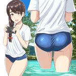  ass braid brown_eyes camera grass hair_ribbon highres kantai_collection long_hair mayomaru1 mountain old_school_swimsuit one-piece_swimsuit open_mouth ribbon river school_swimsuit shirt single_braid smile solo swimsuit swimsuit_under_clothes thick_eyebrows tree uranami_(kantai_collection) water wet wet_clothes wet_swimsuit white_shirt 