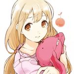  bangs blonde_hair closed_mouth crossed_arms eyebrows food fronttire frown fruit futaba_anzu idolmaster idolmaster_cinderella_girls long_hair looking_away looking_to_the_side low_twintails lowres orange_eyes oversized_clothes oversized_shirt peach pink_shirt portrait shirt short_sleeves simple_background solo stuffed_animal stuffed_bunny stuffed_toy stuffing t-shirt tareme twintails white_background 