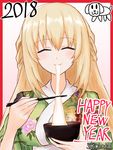  2018 blonde_hair braid chopsticks closed_eyes eating floral_print food french_braid happy_new_year japanese_clothes kimono long_hair looking_at_viewer neptune_(series) new_year shimontaru smile solo vert 