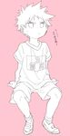  commentary_request gym_shirt gym_shorts gym_uniform hands_together keitomato male_focus original shirt shoes shorts simple_background sitting sneakers solo t-shirt translation_request 