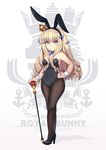  animal_ears azur_lane black_footwear black_hairband black_legwear black_leotard blonde_hair blue_eyes blue_neckwear bow bowtie bunny_ears bunnysuit crown detached_collar full_body hairband high_heels highres kuronekozero leotard logo long_hair looking_at_viewer mini_crown pantyhose queen_elizabeth_(azur_lane) scepter solo standing strapless strapless_leotard wrist_cuffs 