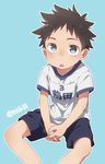  black_hair blue_eyes commentary_request gym_shirt gym_shorts gym_uniform hands_together highres keitomato male_focus original shirt shorts simple_background sitting solo twitter_username 