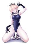  absurdres artoria_pendragon_(all) ass_visible_through_thighs bare_legs black_gloves black_nails blonde_hair blue_ribbon bottle breasts choker commentary_request competition_swimsuit covered_navel fate/grand_order fate_(series) full_body gloves hair_between_eyes hair_ribbon hand_up head_tilt high_heels highleg highleg_swimsuit highres holding looking_at_viewer lotion medium_breasts nail_polish one-piece_swimsuit pale_skin ribbon saber_alter sandals simple_background smile solo swimsuit tiara toenail_polish ulrich_(tagaragakuin) white_background yellow_eyes 