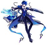  black_coat black_footwear black_gloves black_pants blue_eyes blue_hair blue_shirt bow chain ciel_(elsword) closed_mouth cross cross_earrings dual_wielding earrings elsword full_body gloves gun holding holding_gun holding_weapon hwansang jewelry long_hair looking_at_viewer male_focus official_art pants pointy_ears ponytail royal_guard_(elsword) serious shirt shoes solo standing transparent_background weapon white_bow 