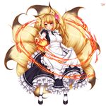  :o alternate_costume animal_ears artist_name black_footwear blonde_hair blush breasts dated elbow_gloves enmaided fire flower fox_ears fox_tail frills full_body gloves hair_flower hair_ornament kayou_(sennen_sensou_aigis) large_breasts long_hair looking_at_viewer maid minaha_(playjoe2005) multiple_tails outstretched_arm pink_eyes puffy_short_sleeves puffy_sleeves sennen_sensou_aigis shoes short_sleeves simple_background skirt_hold solo tail white_background white_gloves white_legwear 