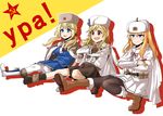  blonde_hair blue_eyes blush boots cossack_dance crossed_arms fur_hat girls_frontline hammer_and_sickle hat highres mosin-nagant_(girls_frontline) multiple_girls nagant_revolver_(girls_frontline) open_mouth ppsh-41_(girls_frontline) red_eyes russian skirt smile ushanka yong-gok 