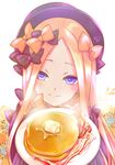  abigail_williams_(fate/grand_order) bacon bangs black_bow black_dress black_hat blonde_hair blue_eyes blush bow closed_mouth commentary_request dress fate/grand_order fate_(series) flower food forehead hair_bow hat head_tilt holding holding_plate itomachi_akine long_hair long_sleeves looking_at_viewer orange_bow pancake parted_bangs plate polka_dot polka_dot_bow sleeves_past_wrists smile solo stack_of_pancakes white_background yellow_flower 
