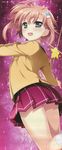  :d absurdres arm_up ass bangs blush brown_hair eyebrows_visible_through_hair feet_out_of_frame foreshortening from_behind fujima_takuya green_eyes highres huge_filesize kneehighs light_particles long_sleeves looking_at_viewer looking_back lyrical_nanoha mahou_shoujo_lyrical_nanoha_vivid messy_hair miniskirt miura_rinaldi navel open_mouth outstretched_arm pink_skirt pleated_skirt scan school_uniform shiny shiny_skin shirt short_hair skirt smile solo standing star star_saber tareme thighs white_legwear yellow_shirt 
