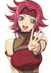  :d aqua_eyes arm_at_side bare_shoulders blush breasts code_geass creayus detached_sleeves flipped_hair head_tilt headband high_collar kallen_stadtfeld large_breasts long_sleeves looking_at_viewer middle_w open_mouth outstretched_arm red_hair short_hair simple_background smile solo tareme underbust upper_body w white_background 
