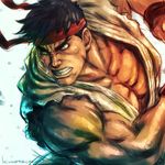  artist_name black_hair dougi fighting_stance grey_eyes headband kuroneco male_focus muscle parted_lips ryuu_(street_fighter) solo standing street_fighter upper_body wristband 