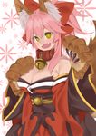  @_@ absurdres animal_ears bell bell_collar blush breasts cat_paws cleavage collar collarbone commentary_request e_draw_paint fangs fate/grand_order fate_(series) fox_ears fox_tail gloves hair_ribbon hand_on_own_chest highres japanese_clothes jingle_bell kimono large_breasts long_hair looking_at_viewer open_mouth paw_gloves paws pink_hair ponytail red_kimono ribbon solo tail tamamo_(fate)_(all) tamamo_cat_(fate) yellow_eyes 