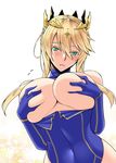  artoria_pendragon_(all) artoria_pendragon_(lancer) bare_shoulders blonde_hair blue_leotard blush breasts breasts_outside colored_eyelashes covered_navel covering covering_breasts crown deep_skin detached_sleeves fate/grand_order fate_(series) flying_sweatdrops green_eyes huge_breasts leotard long_hair looking_at_viewer open_mouth self_fondle shuugetsu_karasu sidelocks solo white_background 