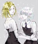  androgynous blonde_hair diamond_(houseki_no_kuni) elbow_gloves gem_uniform_(houseki_no_kuni) gloves hachiya2498 highres houseki_no_kuni looking_at_viewer multiple_others necktie short_hair smile sparkle uniform white_eyes white_hair yellow_diamond_(houseki_no_kuni) yellow_eyes 