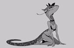  anthro black_and_white bra breasts choker clothed clothing cobra fangs female forked_tongue juanmao1997 kneeling long_tongue monochrome panties reptile ribbons scalie side_view simple_background skimpy snake solo tongue tongue_out underwear white_background 