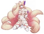  2017 ahri_(lol) alpha_channel alternate_version_available animal_humanoid armwear ball_gag bdsm blonde_hair bondage bound breast_bondage breasts canine clothing crotch_rope crouching elbow_gloves female feversea_(artist) fingers fox fox_humanoid frogtied fully_bound fur gag gagged gloves hair hair_ornament hands_behind_back hi_res humanoid league_of_legends legs_tied legwear long_hair looking_at_viewer mammal mostly_nude multi_tail multicolored_fur navel pink_fur purple_eyes pussy riot_games rope rope_bondage rope_harness simple_background solo sparkles stockings thigh_highs transparent_background video_games yellow_fur 
