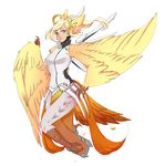  absurd_res animal_humanoid armor avian avian_humanoid blonde_hair blue_eyes breasts claws clothed clothing feathered_wings feathers female fernybee fingers hair harpy hi_res humanoid mercy_(overwatch) overwatch ponytail simple_background solo standing tail_feathers talons video_games white_background wings 