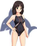  absurdres black_hair breasts commentary_request competition_school_swimsuit competition_swimsuit girls_und_panzer highres large_breasts looking_at_viewer murakami_(girls_und_panzer) one-piece_swimsuit pubic_hair pubic_hair_peek solo swimsuit takafumi 