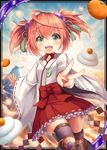  :d akkijin belt cake card_(medium) flying food frilled_skirt frills fruit green_eyes green_ribbon hair_ornament hair_ribbon japanese_clothes jewelry looking_at_viewer mountain necklace official_art open_mouth orange orange_hair orbit rattle ribbon shinkai_no_valkyrie short_hair skirt sky smile solo sunrise thighhighs twintails v v-shaped_eyebrows 