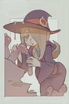  blonde_hair blush collared_shirt commentary_request hat holding leaning_forward little_witch_academia long_sleeves looking_down mushroom muted_color parted_lips phallic_symbol purple_hat purple_robe red_eyes robe sexually_suggestive shirt smile solo sucy_manbavaran suggestive_fluid tim_loechner vial wide_sleeves wing_collar witch witch_hat 