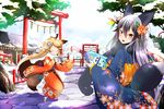  animal_ears blonde_hair blush closed_eyes day ezo_red_fox_(kemono_friends) floral_print fox_ears fox_tail game_boy geta hair_between_eyes hair_ornament handheld_game_console highres holding japanese_clothes kemono_friends kimono long_sleeves looking_at_viewer lucky_beast_(kemono_friends) multicolored_hair multiple_girls obi outdoors sash scarf shrine silver_fox_(kemono_friends) silver_hair snow tabi tail tree uni_mate wide_sleeves 